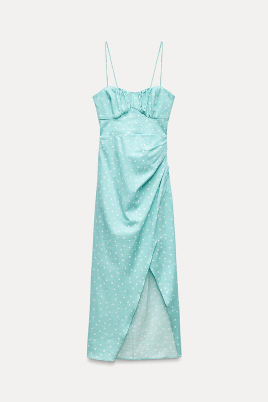 LINEN BLEND POLKA DOT CORSETRY-INSPIRED MIDI DRESS