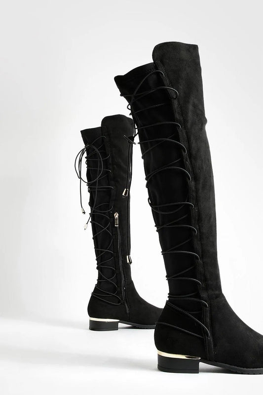 BUNGEE LACE BACK FAUX SUEDE KNEE HIGH BOOTS