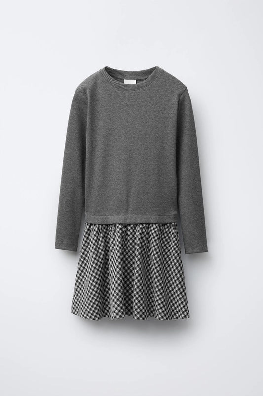 RIBBED COMBINATION DRESS WITH CHECK SKIRT