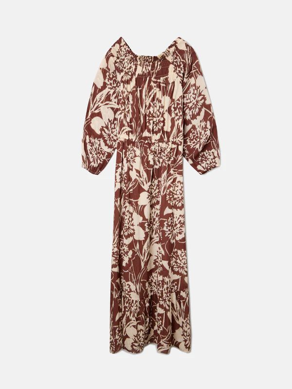 STRAPLESS DRESS WITH BROWN PRINT