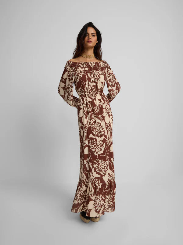 STRAPLESS DRESS WITH BROWN PRINT