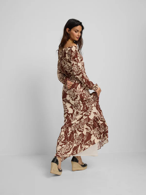 STRAPLESS DRESS WITH BROWN PRINT