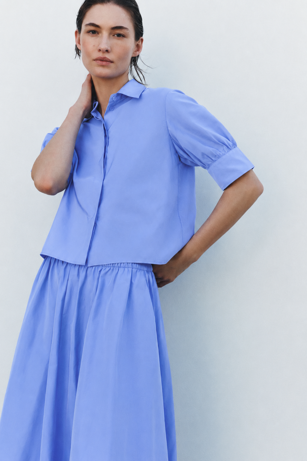 Sky Blue Shirt & Midi Skirt Co-Ord Set