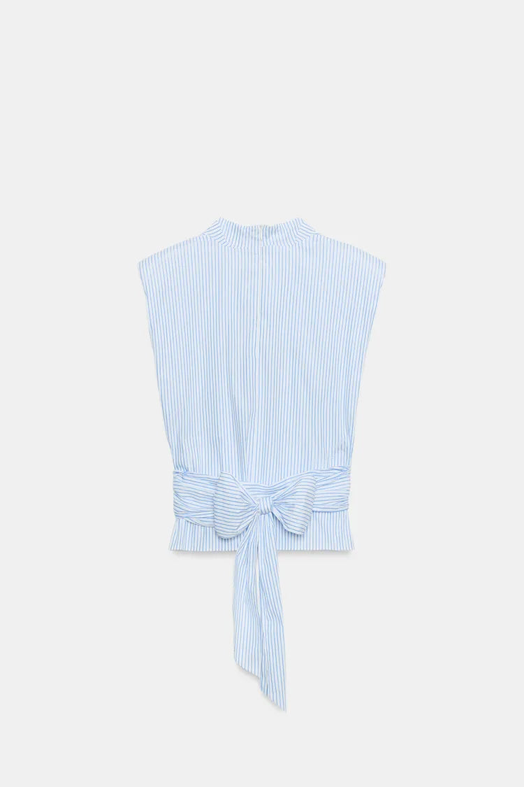METALLIC THREAD STRIPED TOP WITH SHOULDER PADS AND TIE