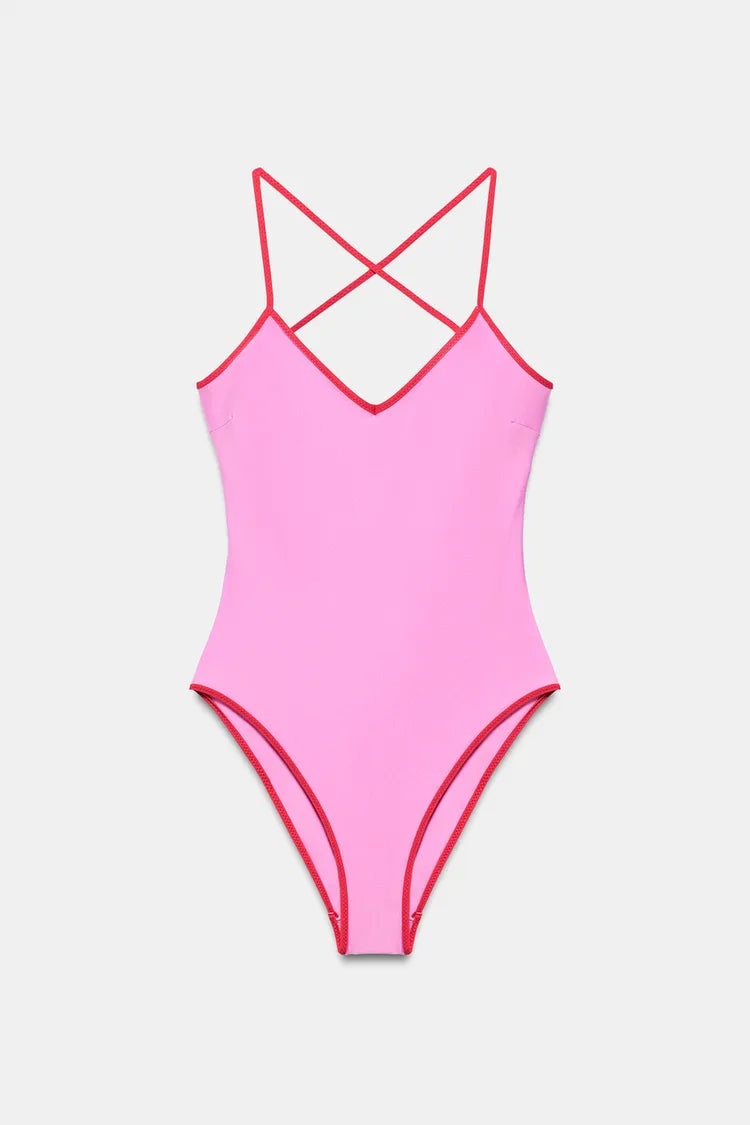 CONTRAST LACE-UP SWIMSUIT
