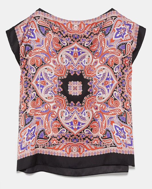 PAISLEY PRINTED BOAT NECK FLOWY TOP BLOUSE