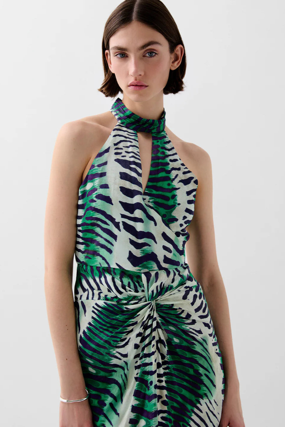 DRAPED HALTER MIDI DRESS