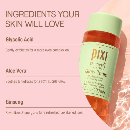 PIXI GLOW TONIC – TONIQUE EXFOLIANT 5% ACIDE GLYCOLIQUE – ÉCLAT & PEAU LISSE – 250 ML