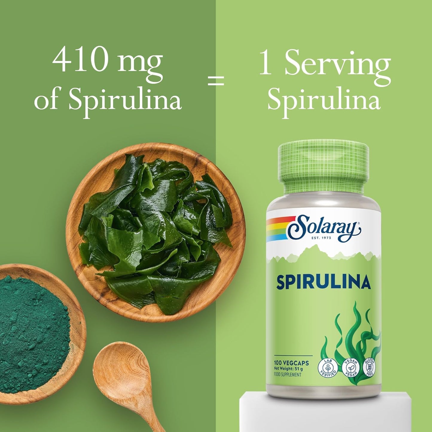 SOLARAY SPIRULINA – COMPLÉMENT ALIMENTAIRE ALGUES – RICHE EN PROTÉINES, VITAMINES & MINÉRAUX – 100 GÉLULES VÉGAN