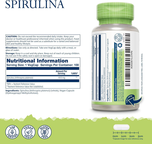 SOLARAY SPIRULINA – COMPLÉMENT ALIMENTAIRE ALGUES – RICHE EN PROTÉINES, VITAMINES & MINÉRAUX – 100 GÉLULES VÉGAN