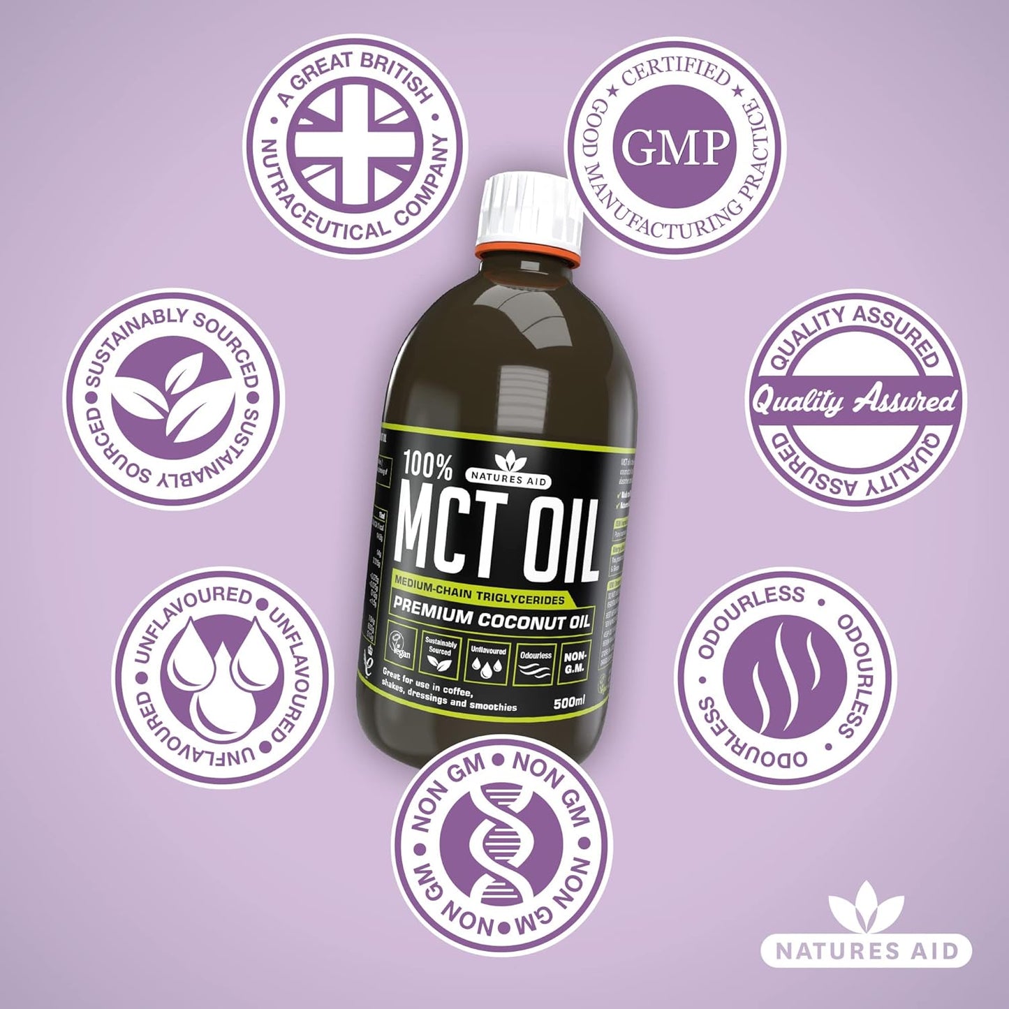 Natures Aid 100% MCT Oil 500ml - Premium Coconut MCT - Energy Boost - Keto Friendly - Add to Coffee Shakes Smoothies