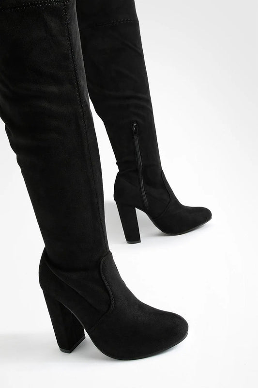 WIDE FIT FAUX SUEDE BLOCK HEEL THIGH HIGH BOOTS
