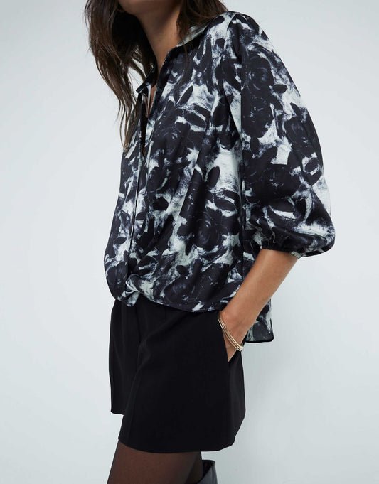 Floral print wrap shirt in black