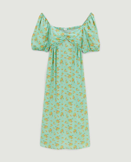 Midi dress with puff sleeves and floral prin