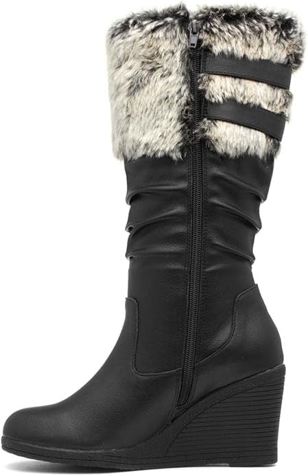 Lilley Womens Boot Black Zip Up High Leg Wedge