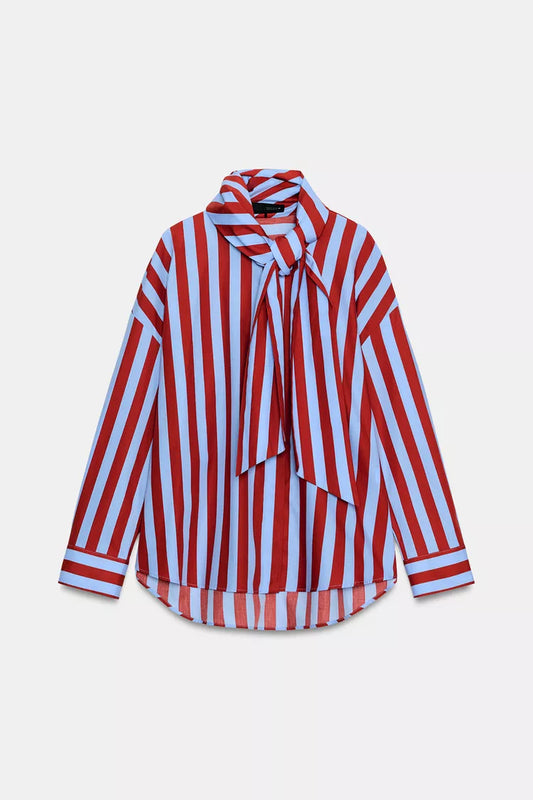 Striped Shirt with a prominent bow neck detail