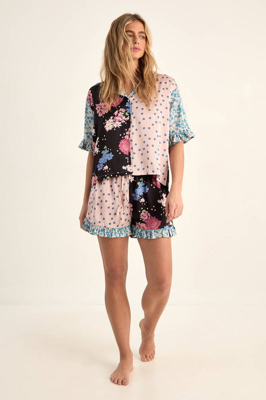 FLORAL POLKA DOT SPLICE RUFFLE PYJAMA SHORTS SET