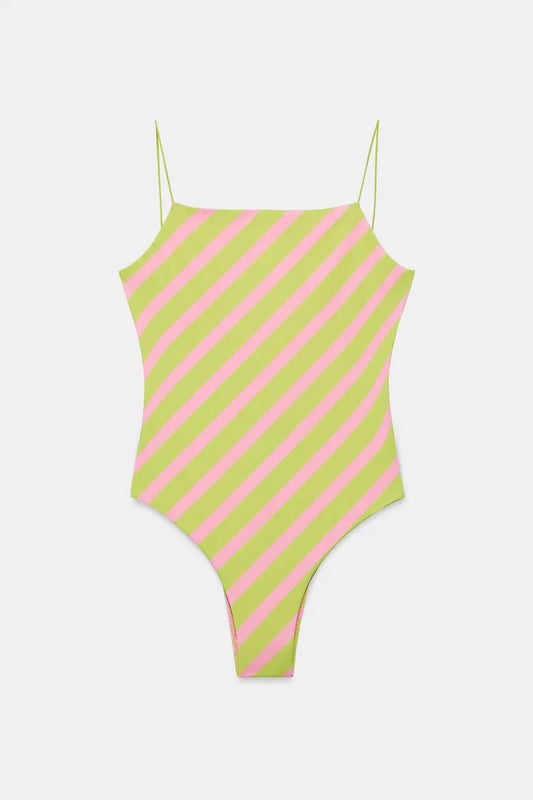 DIAGONAL STRIPE SWIMSUIT | Lime/Pink