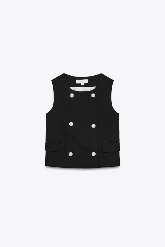 GOLD BUTTON CROPPED VEST – ELEGANT STRUCTURE