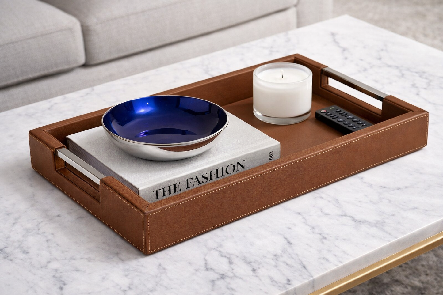 RECTANGULAR LEATHER SERVING TRAY WITH METAL HANDLES