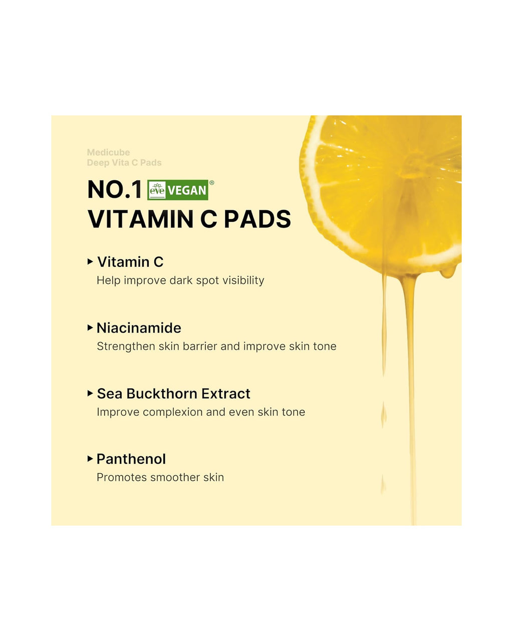 Actifs clés du Medicube Deep Vita C Pad : vitamine C, niacinamide, argousier et panthénol
