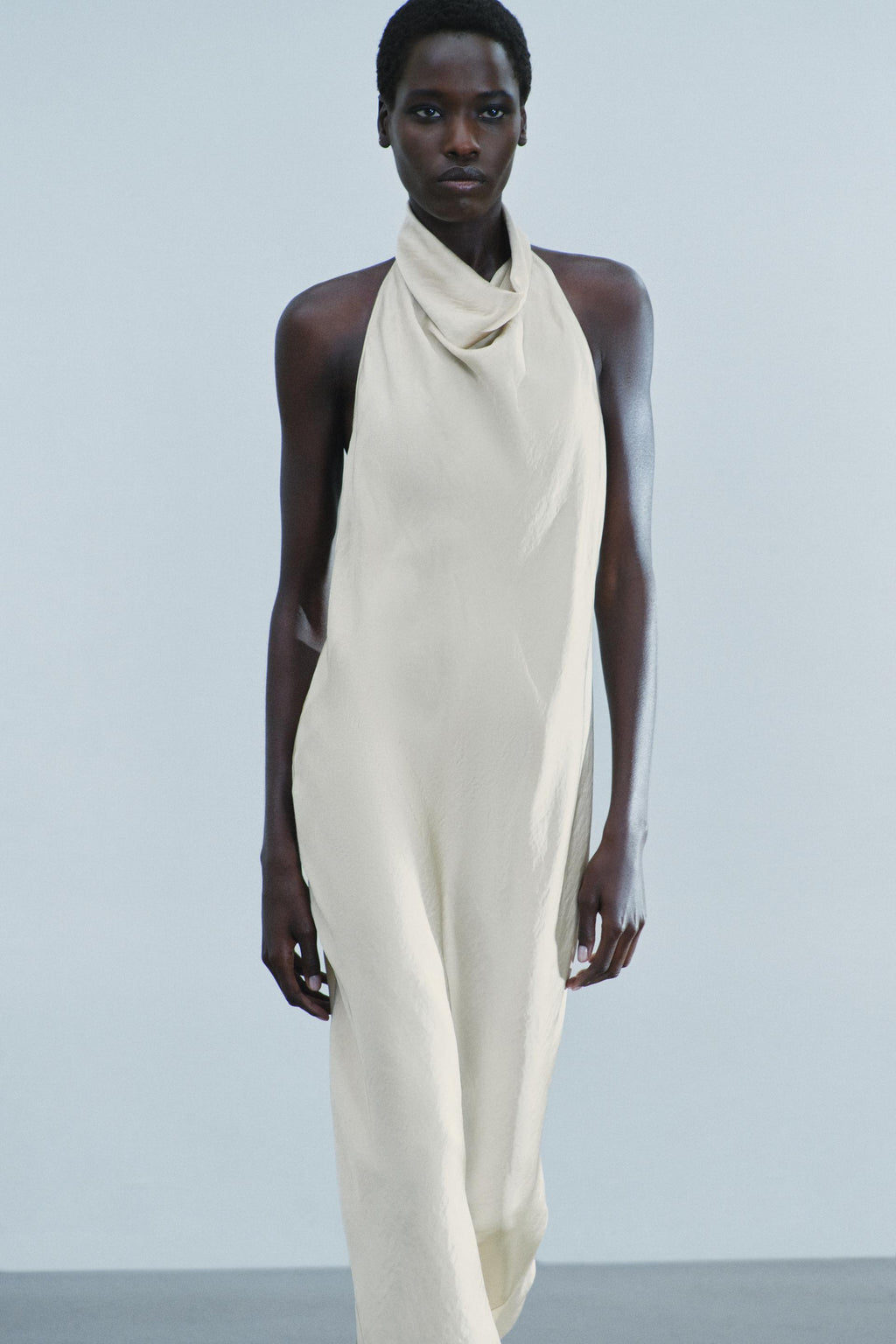 ZARA Ecru halter satin midi dress – front view