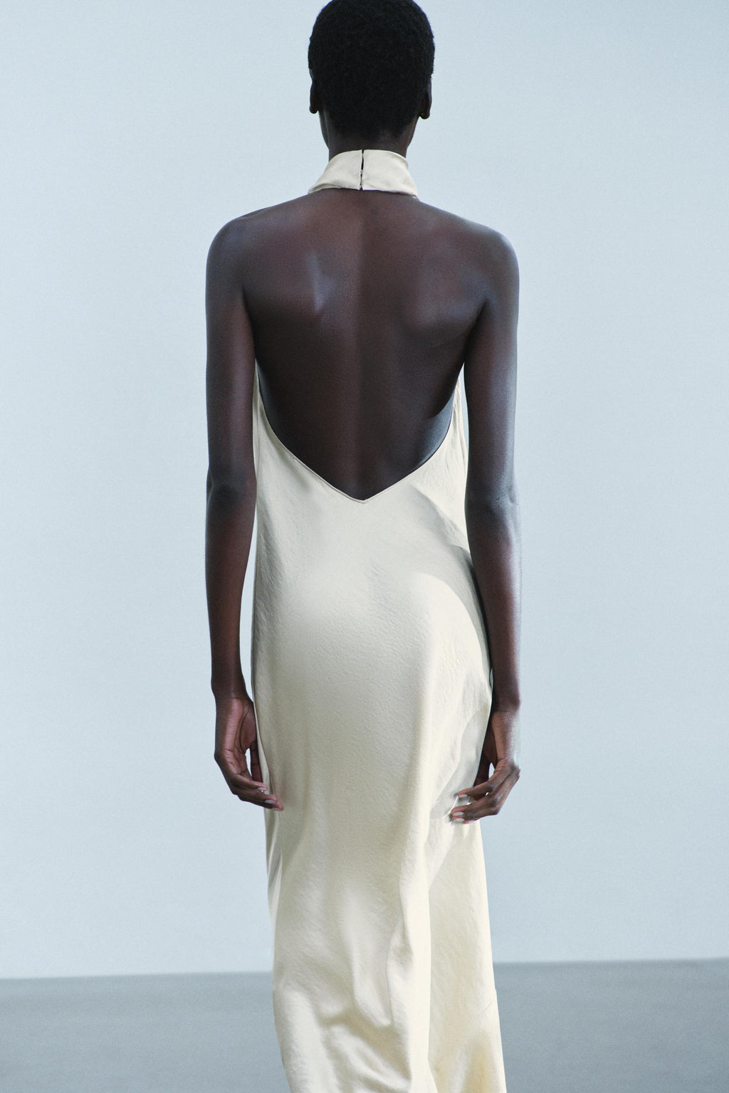 ZARA Ecru halter satin midi dress – side view
