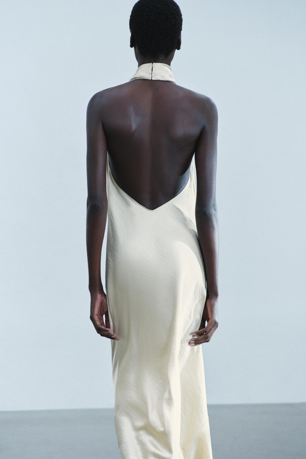 ZARA Ecru halter satin midi dress – side view