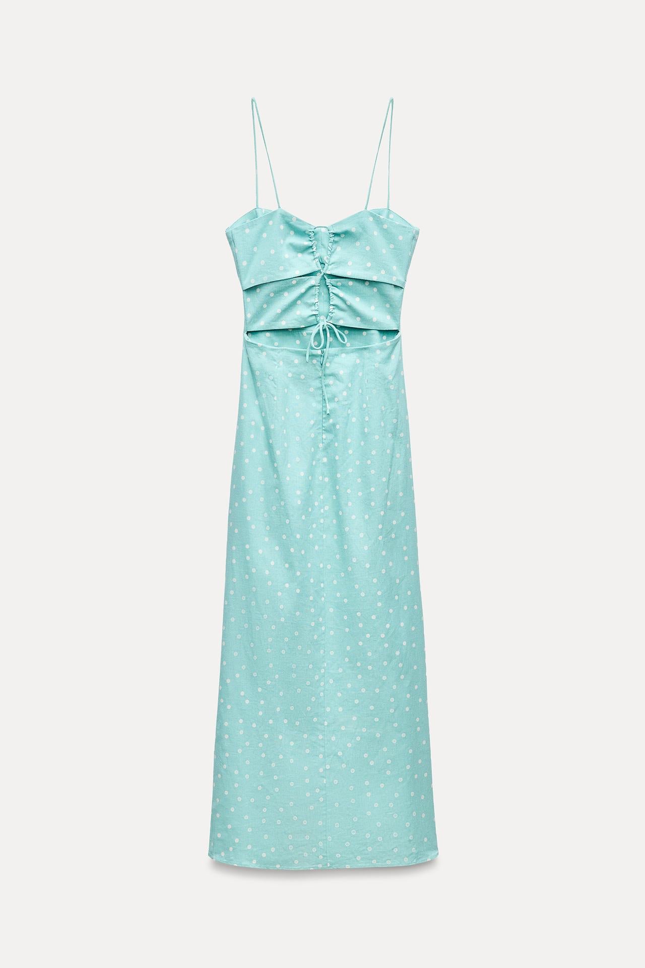 LINEN BLEND POLKA DOT CORSETRY-INSPIRED MIDI DRESS