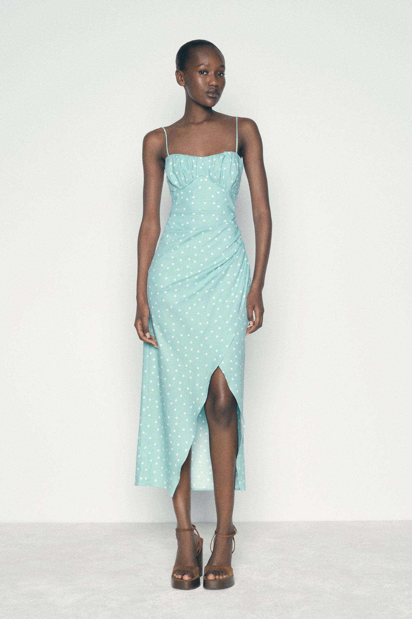 LINEN BLEND POLKA DOT CORSETRY-INSPIRED MIDI DRESS
