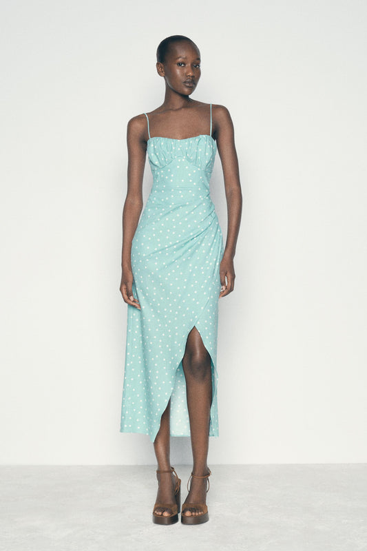 LINEN BLEND POLKA DOT CORSETRY-INSPIRED MIDI DRESS
