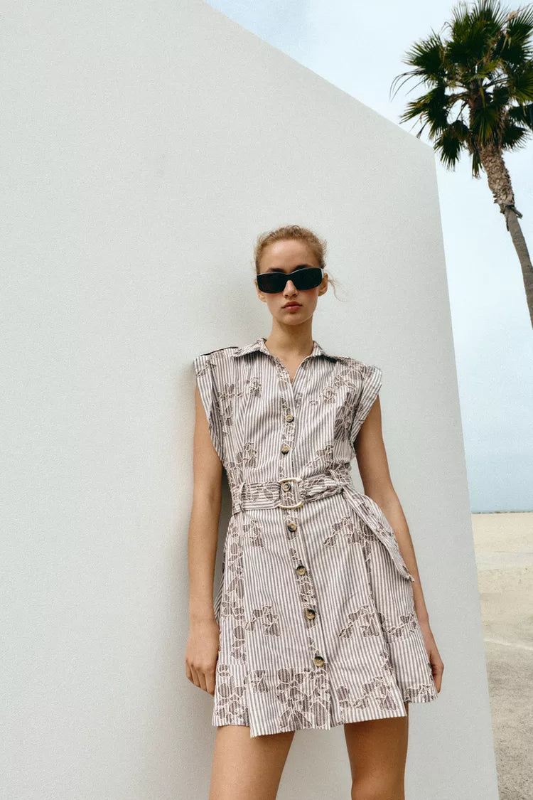 [B6] EMBROIDERED SEQUIN BELTED DRESS
