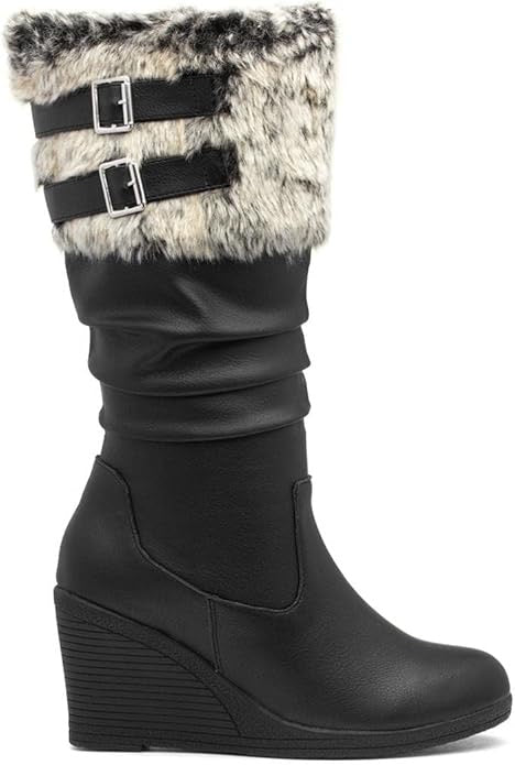 Lilley Womens Boot Black Zip Up High Leg Wedge