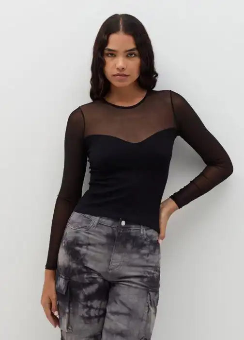 Crop T-shirt in mesh with long sleeves