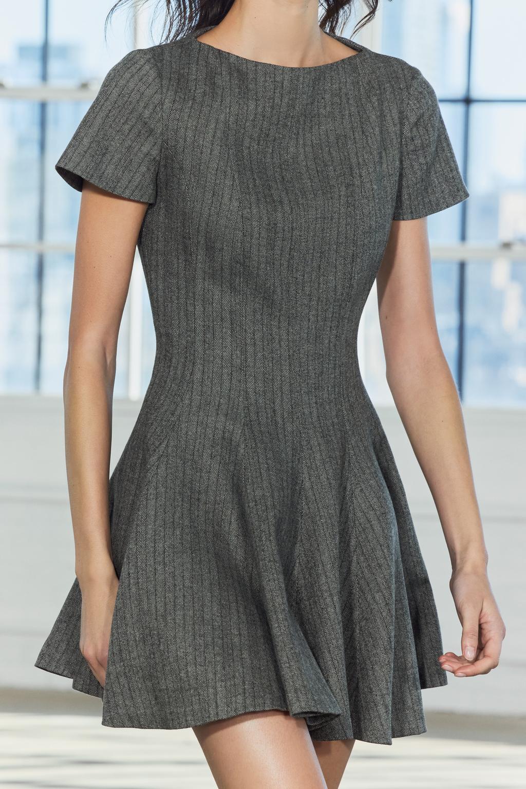 HERRINGBONE DRESS WITH A FLARED GODET SKIRT