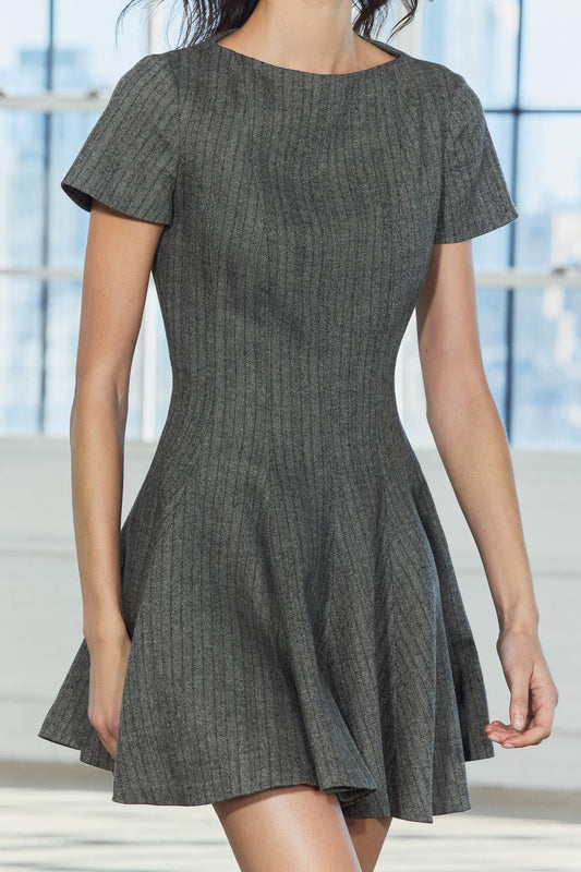 HERRINGBONE DRESS WITH A FLARED GODET SKIRT