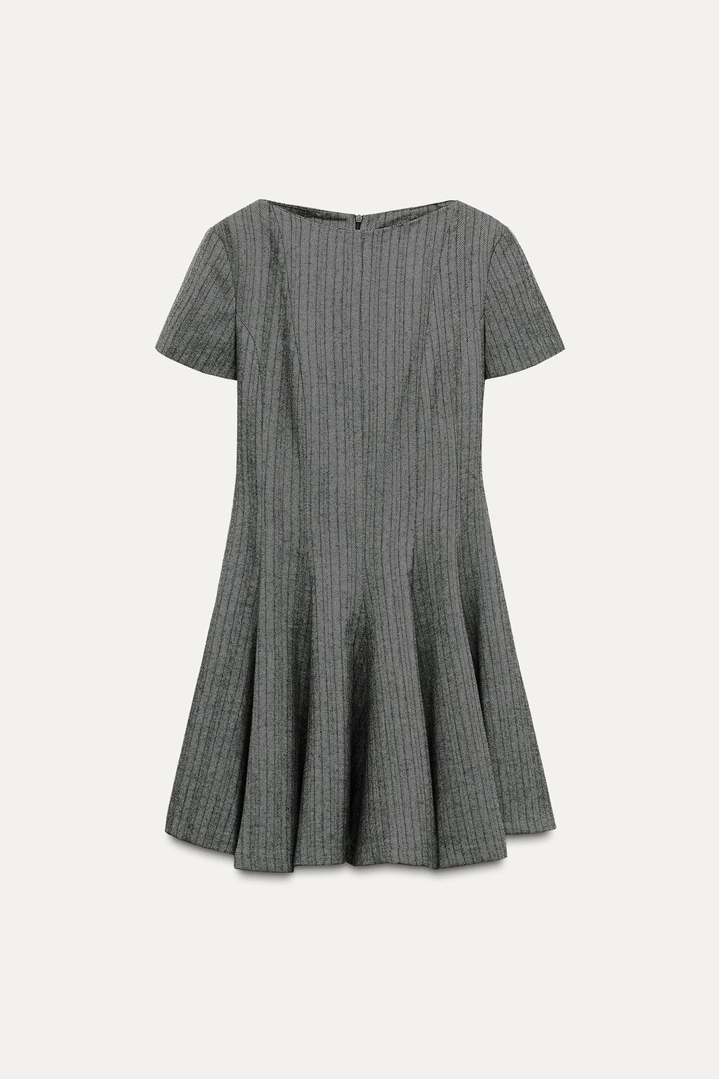 HERRINGBONE DRESS WITH A FLARED GODET SKIRT