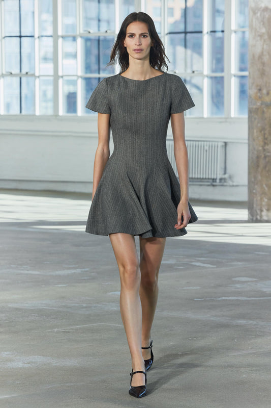 HERRINGBONE DRESS WITH A FLARED GODET SKIRT