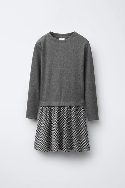 RIBBED COMBINATION DRESS WITH CHECK SKIRT