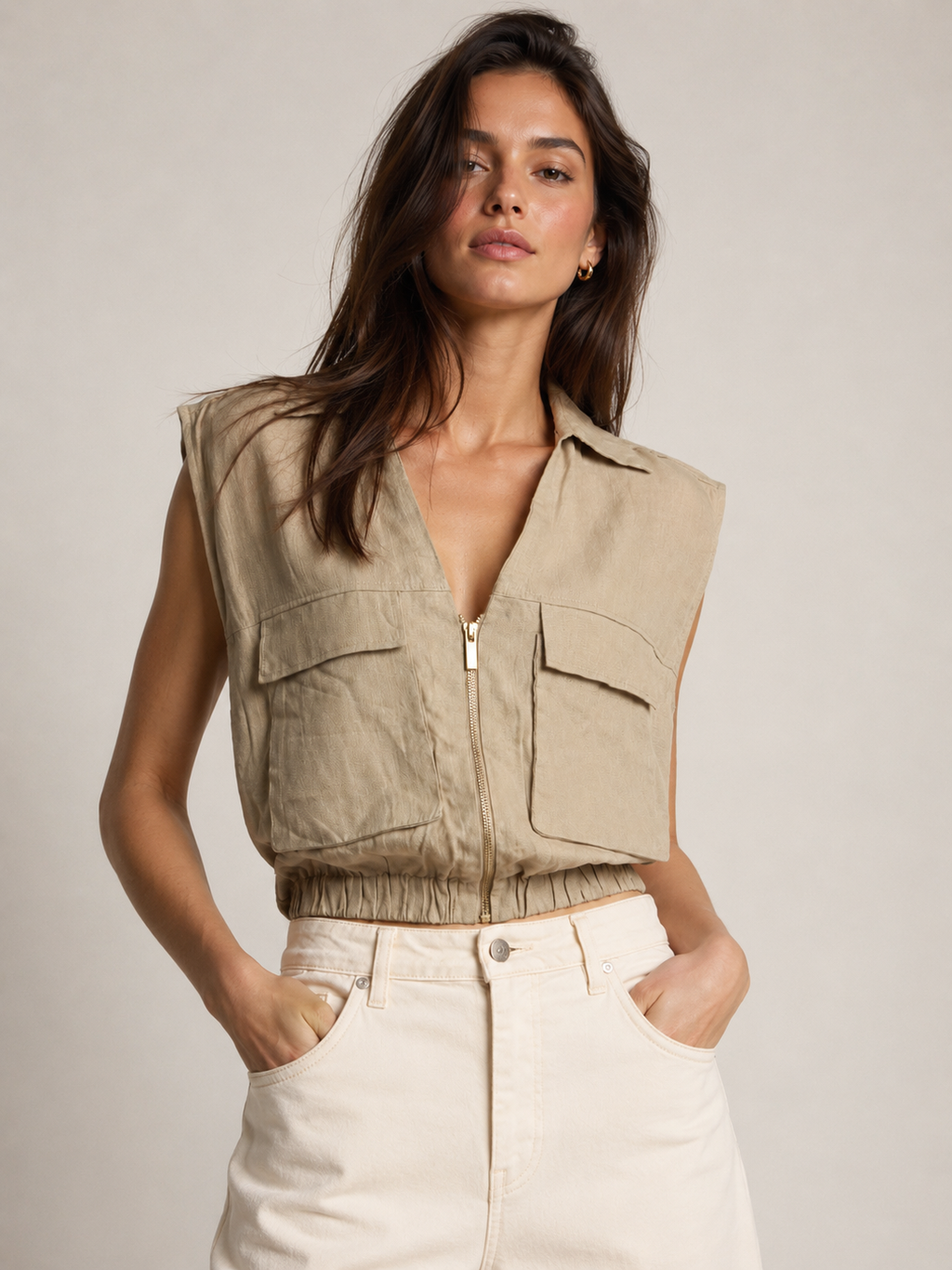 [C4] LINEN BLEND UTILITY VEST WITH POCKETS