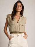 [C4] LINEN BLEND UTILITY VEST WITH POCKETS