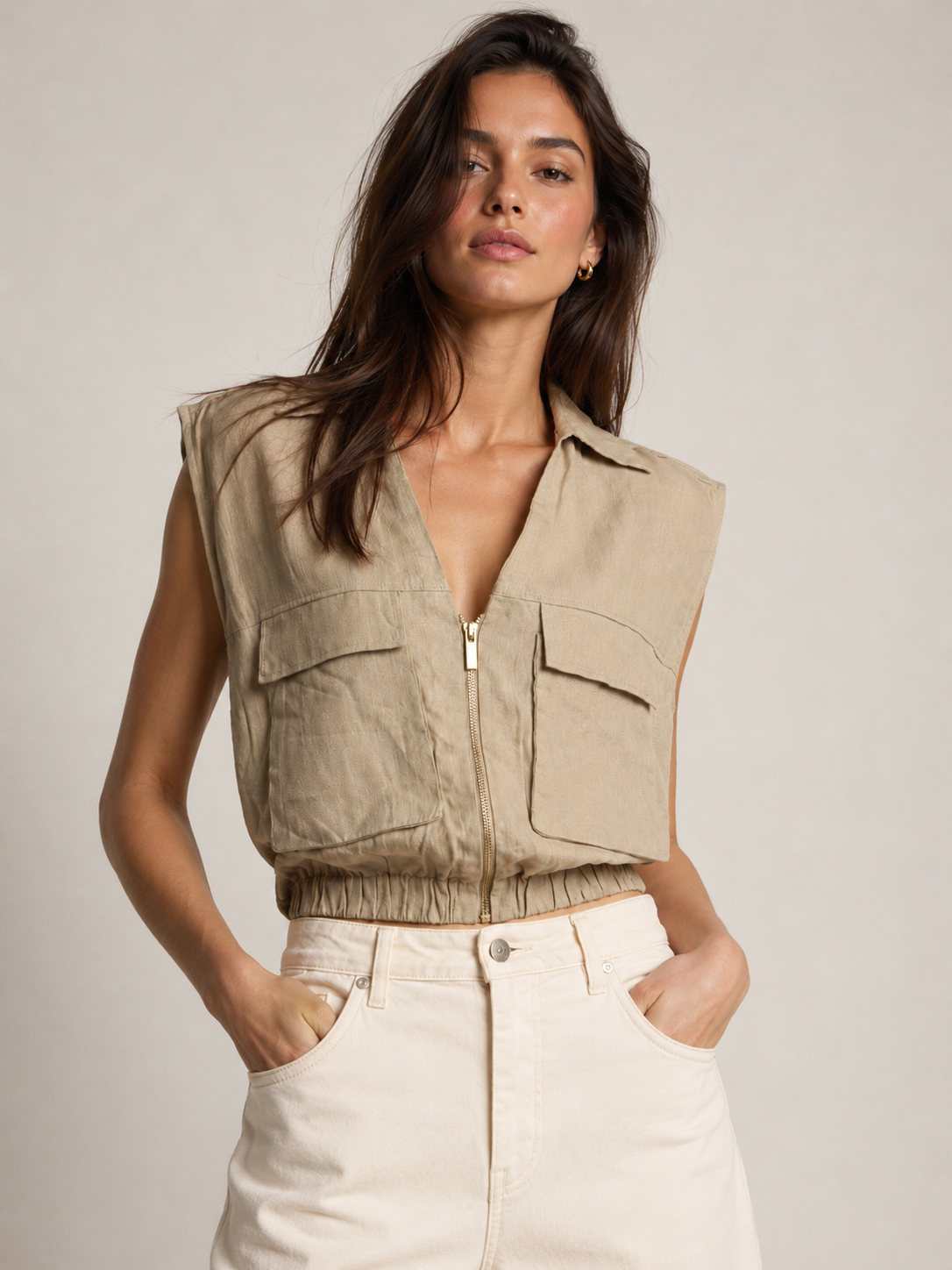 [C4] LINEN BLEND UTILITY VEST WITH POCKETS