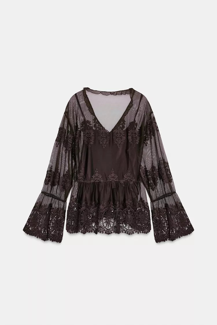 TULLE EMBROIDERED LACE BLOUSE