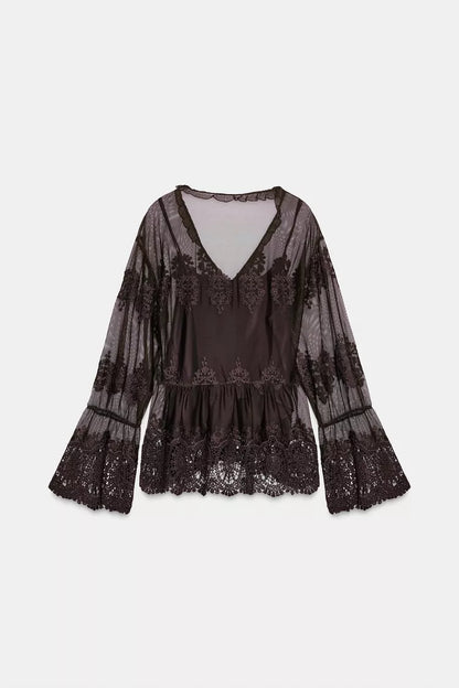 TULLE EMBROIDERED LACE BLOUSE
