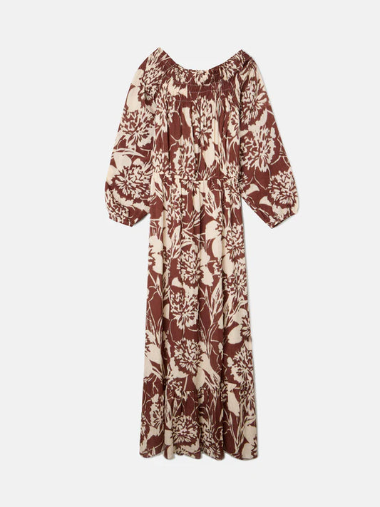 STRAPLESS DRESS WITH BROWN PRINT
