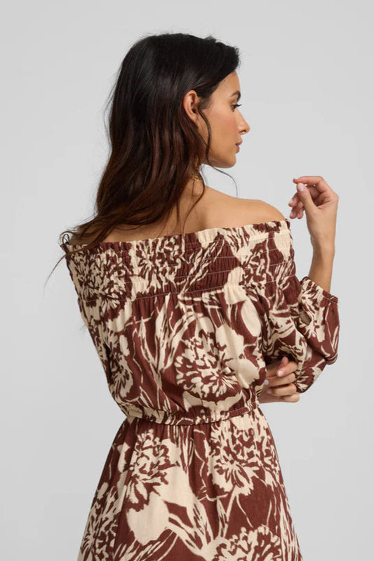 STRAPLESS DRESS WITH BROWN PRINT