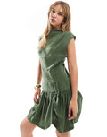 COWL NECK HITCHED HEM CUPRO MINI DRESS IN DARK GREEN