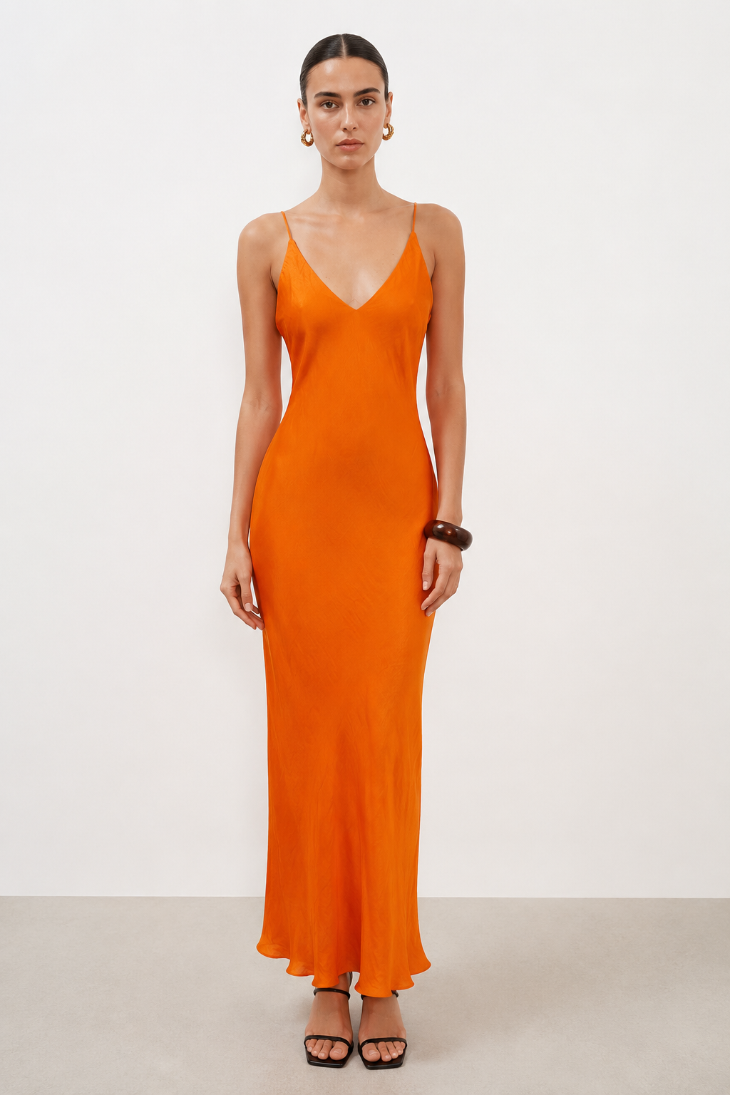 ORANGE SATIN OPEN-BACK MAXI DRESS