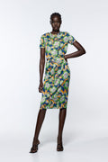 [D3] BRIGHT FLORAL JACQUARD BELTED MIDI DRESS
