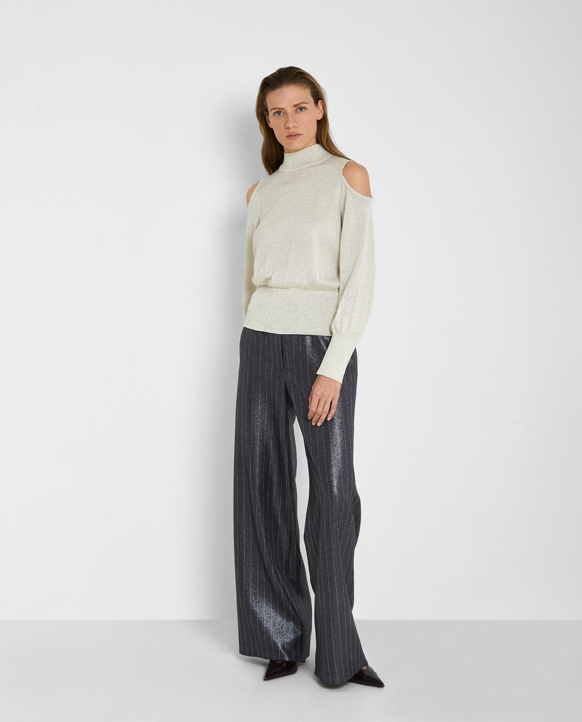 [E5] STRIPED WIDE LEG FLOWY PANTS – ANTHRACITE GREY